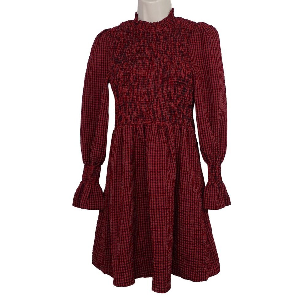Shein Red Black Plaid Smocked A-line Dress Women Size S High Neck Long Sleeve